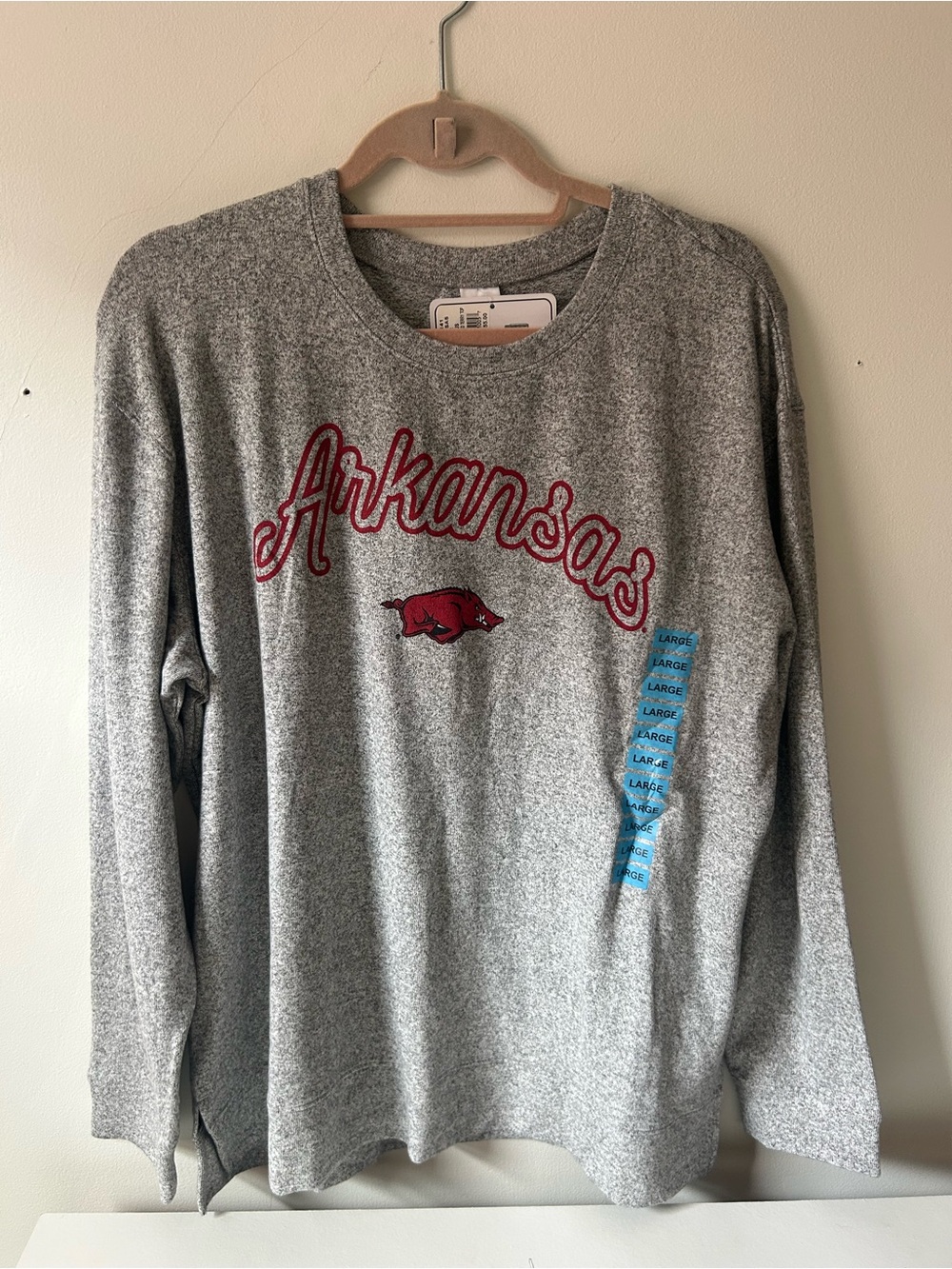 Arkansas Script Long-Sleeve Tee - Gray with Red Logo